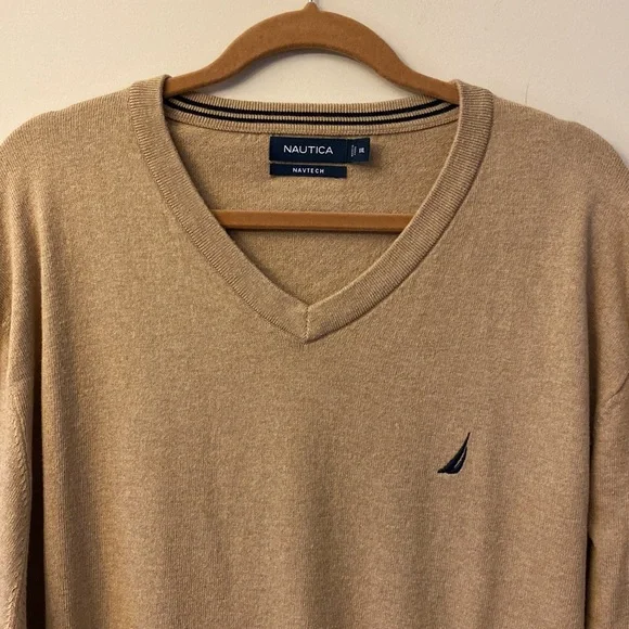 NAUTICA NAVTECH men’s Ribbed V-neck long sleeve tan sweater cotton blend XXL 🌞 - Picture 6 of 12